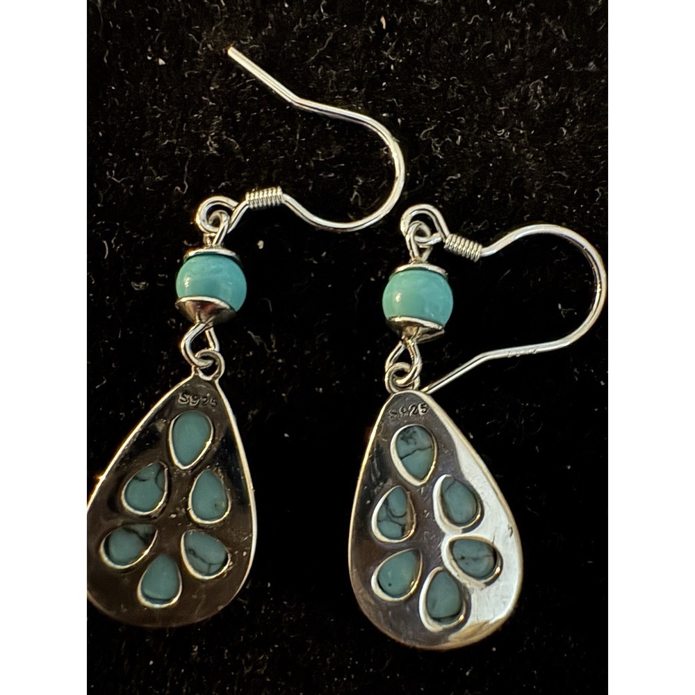 sterling silver turquoise teardrop Dangle Earrings 925 Southwestern Boho - Picture 2 of 8